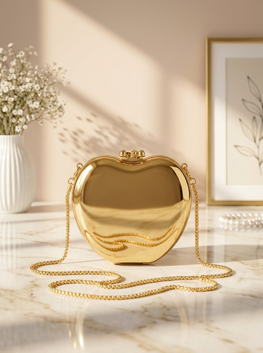 Gold metallic heart evening clutch with top clasp and shoulder chain